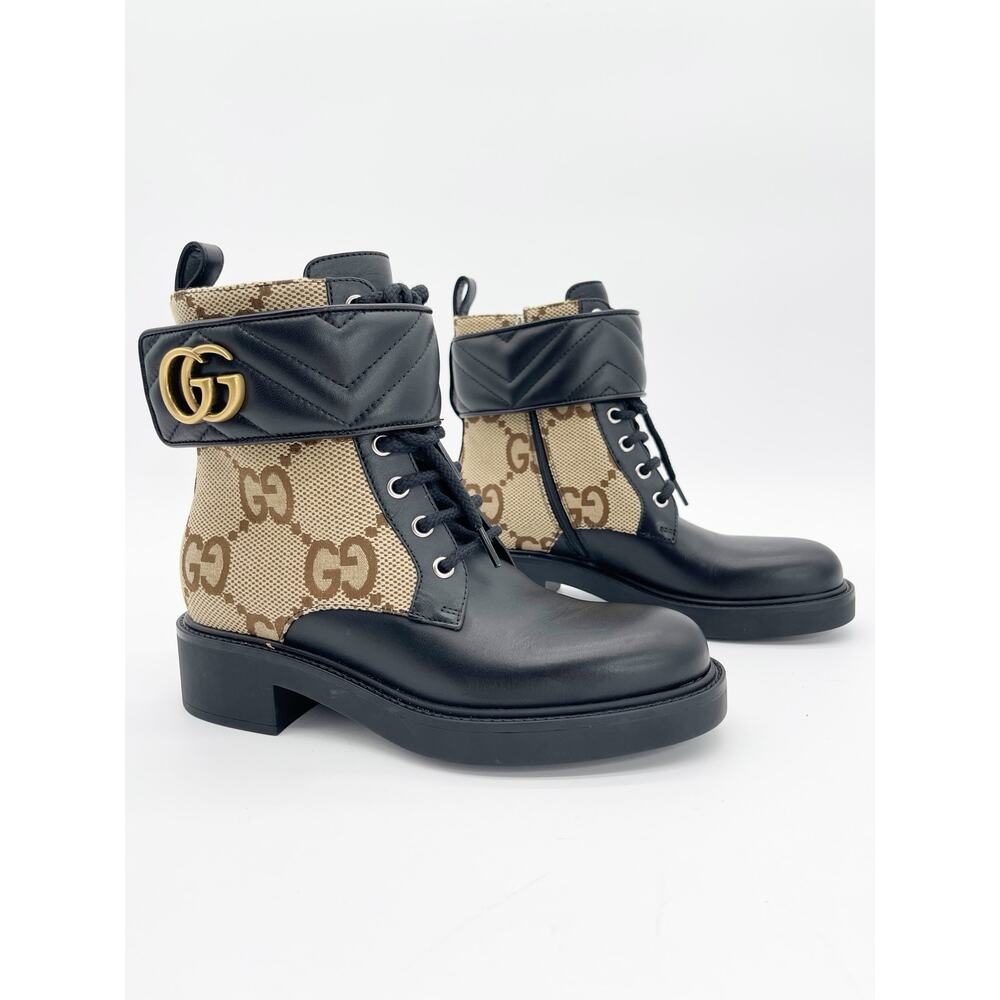 Gucci Flores Black Camel GG Canvas Leather Matelasse Double G Ankle Boots EU 36